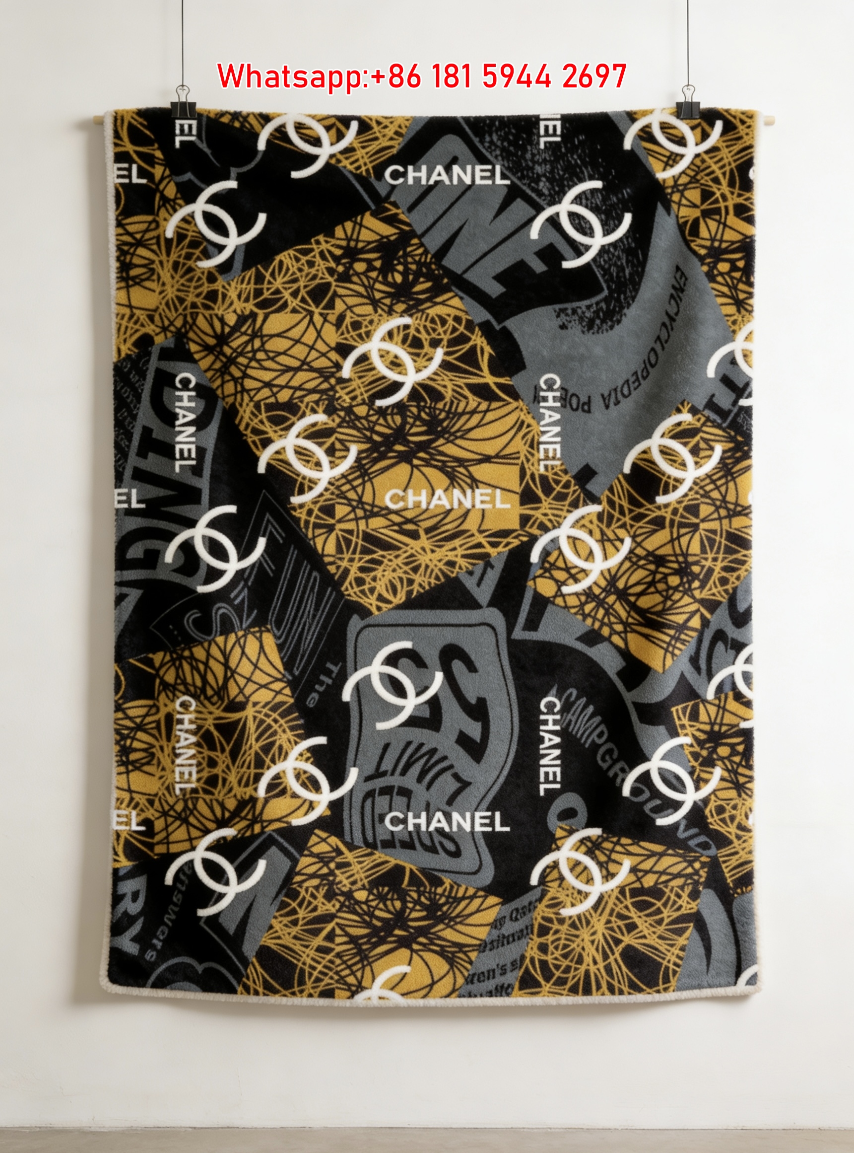 Chanel Black & Gold Graffiti CC Logo Flannel Throw Blanket IMG_7069
